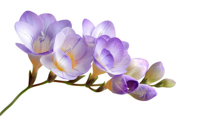 Delicate purple freesia flowers with buds on a stem isolated on transparent background