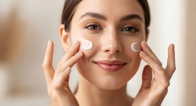 Beautiful woman applying cream to her face for a radiant skincare routine.