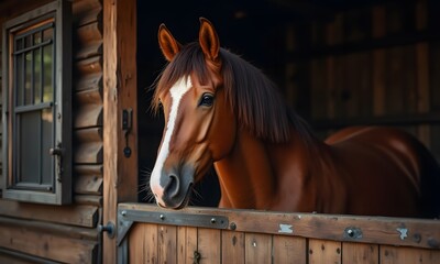 Chestnut Horse dramatic natural peering wooden stable stall