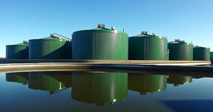 Green biogas digester tanks reflect in the water under a clear blue sky.