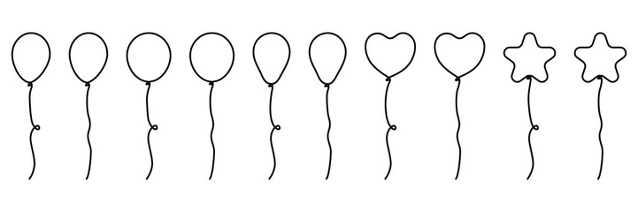 Flying balloons set continuous line drawing. Collection of different linear balloon shapes. Birthday gift concept. Vector illustration isolated on white. © Віталій Баріда