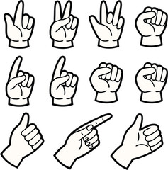 Fototapeta premium A digital illustration featuring a grid of twelve stylized hand gestures, all rendered in a simple, cartoon-like style with thick black outlines and light-colored skin tones.