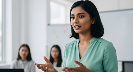 Obraz premium Confident Indian Businesswoman Giving Presentation Professional Speech and Leadership