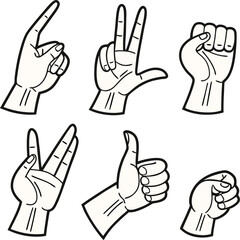 Six black-and-white line drawings of hands displaying various gestures, including a raised index finger, a peace sign with two fingers, a Vulcan salute, a thumbs-up, and two clenched fists.