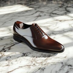 A luxury shoe mockup with a sleek design, placed on a polished floor with soft shadows 