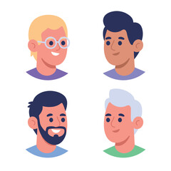 Four Diverse Male Portraits in Flat Design Style cartoon male headshots with different hair colors and ages male portraits headshots diversity flat design