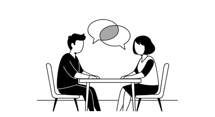 Illustration of two people in discussion with speech bubbles representing communication