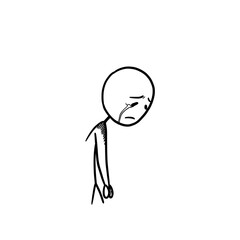 Minimalist stick figure expressing sadness, tears falling, embodying emotional distress