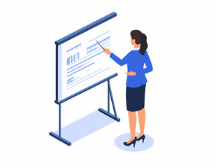 Isometric Illustration of Businesswoman Presenting Data on Whiteboard wearing Blue Suit and Dark Skirt in Business Setting