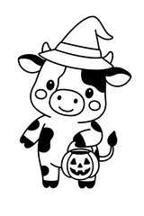 A charming cartoon cow, adorned with a witch hat and clutching a jack-o'-lantern, ready for a spooky Halloween celebration. Capturing the playful spirit and festive charm of this unique combination.