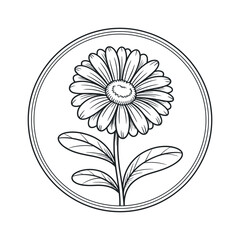 Ornate Black and White Line Art Illustration of a Flower in a Circle Detailed black line drawing flower with leaves set within circular