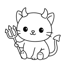 Obraz premium An adorably mischievous cartoon of a devil cat, with horns, a tail, and a trident, exuding a blend of cute and wicked charm. vector illustration, halloween coloring page