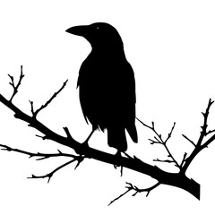 Silhouette of a crow sitting on branch with beak visible
