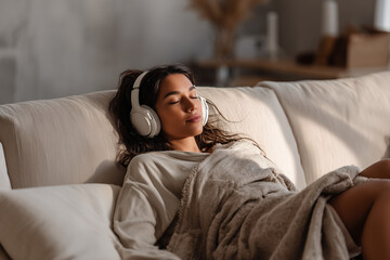 Young woman relaxing with headphones on beige sofa in natural light
