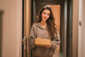 Teen girl receiving delivery package at home doorway