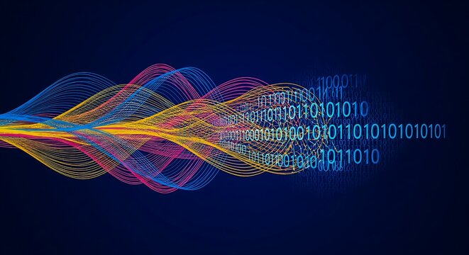 Abstract data stream visualization with binary code and colorful waves for technology background design