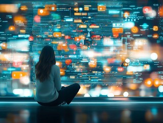 Digital transformation journey analyzing data visualization in a tech hub virtual environment captured from the rear view