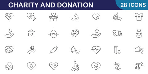 Charity and donation icon set. Included icons as help, volunteer, donated, caring, solidarity, alms and more. Set of 28 icons related to charity and donation. Vector illustration.