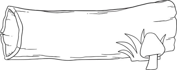 A hand-drawn hollow log with a mushroom and grass, perfect for conveying natural, forest, or woodland themes. Ideal as a decorative element or for adding text inside.