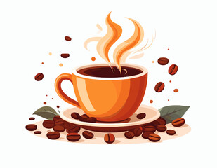 Orange Coffee Cup with Steaming Coffee Beans and Leaves Pixel Art Illustration on White Background