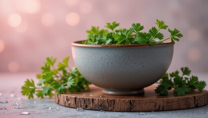 Fototapeta premium Grey Ceramic Bowl of Fresh Parsley with Water Droplets