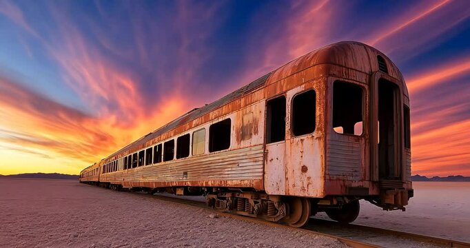 An old rusty train sits abandoned on desert salt flats under a vibrant sunset.