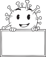 A cheerful cartoon virus or germ character holding a blank sign, ideal for conveying messages related to health, hygiene, illness prevention, or public health campaigns.