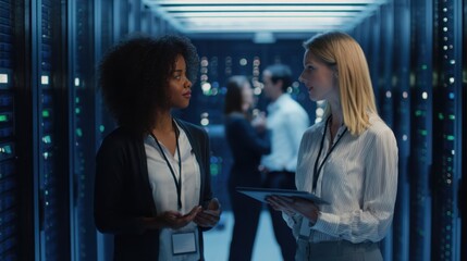 The two women analyzing data in a modern server room environment.