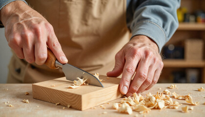 Woodworker carving wood with a chisel on a workbench background  
