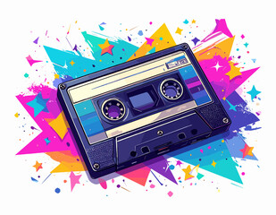 Pixelated Cassette Tape with Colorful Starburst Pattern on White Background for Retro Audio and Vintage Music Enthusiasts