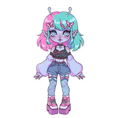 Whimsical Alien Girl Illustration with Pastel Hair and Butterfly Accents
