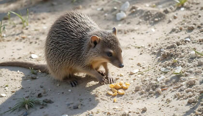 Obraz premium Banded Mongoose Eating Corn on Sandy Ground with Pebbles and Sparse Grass, Natural Behavior in Wild Habitat