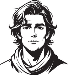 Vector portrait depicting a handsome young man with wavy hair in a black and white artistic illustration with a simple design