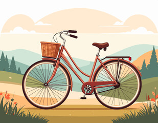 Fototapeta premium Retro Style Bicycle with Basket on a Country Road with Rolling Hills and Sky Illustration in Pixel Art Style