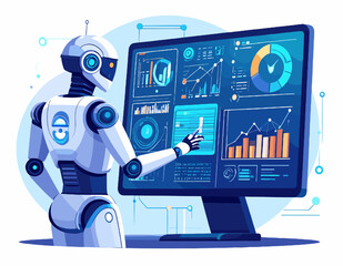 Robotic Figure Interacting with Data Analytics Display on a Large Monitor in Front of White Background