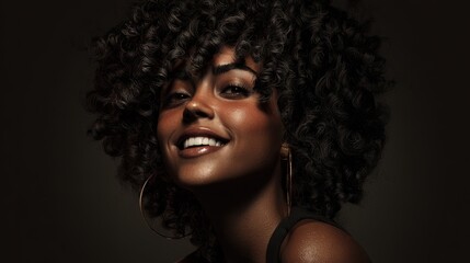 Fototapeta premium Short coiffure - curly hair. Stunning smiling black girl - for ads, marketing material and social platforms use. Commercial digital ads creative. African american woman portraiture.