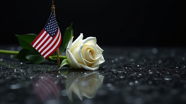 American flag and white rose on a reflective surface for memorial day
