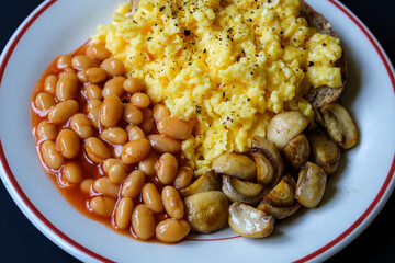 Scrambled Eggs Fried Mushrooms Baked Beans and Tomato Sauce