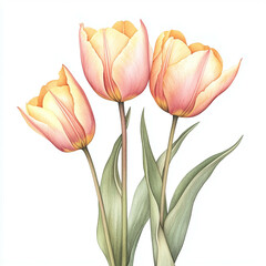 Fototapeta premium Yellow-pink tulip flower with green stem and leaves in watercolor botanical illustration style