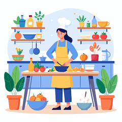 Smiling Woman Cooking with Veggies in a Blue White Kitchen with Yellow Apron and Chef Hat with Plants and Oranges on Shelf Flat Vector Illustration