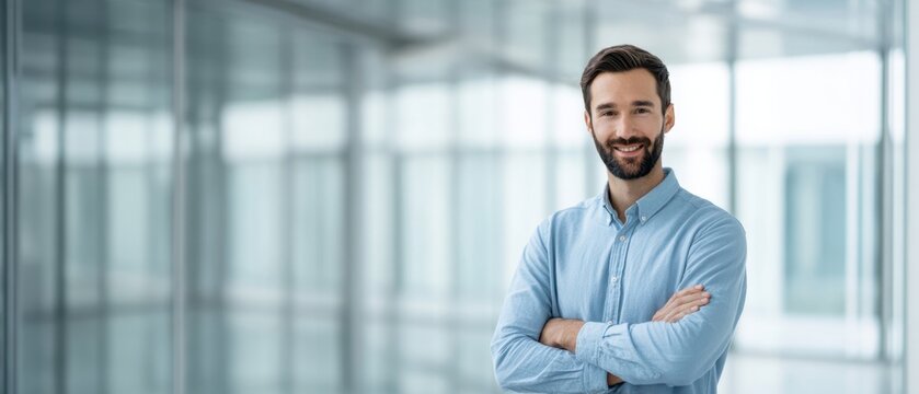 The confident businessman smiling in a modern office environment.