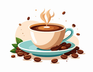 Obraz premium Stylized Pixel Art Coffee Cup with Steam Surrounded by Beans and Mint Leaves on a White Background