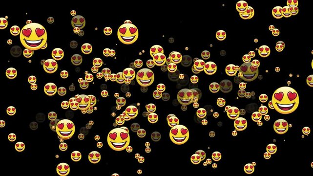 Romantic emojis zooming forward against black backdrop