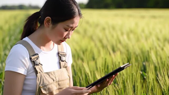Asian agricultural researcher using digital tablet to monitor smart farming data in a wheat field