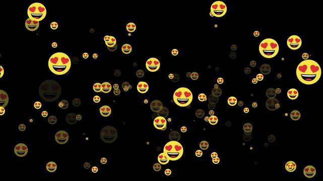 Smiling love faces approaching in dark minimal space
