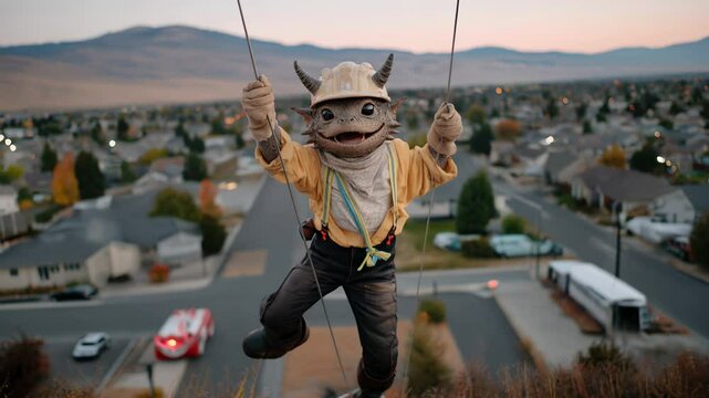 Playful dragon puppet animates against suburban backdrop at dusk