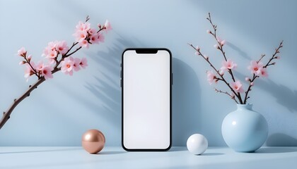 Modern smartphone with blank screen displayed with delicate pink cherry blossoms in a vase and decorative spheres