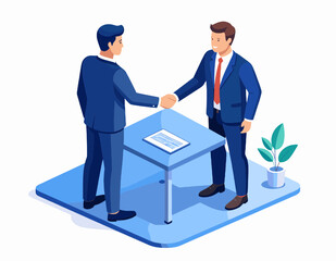 Two Businessmen in Suits Shaking Hands Over Contract on Blue Table in Isometric Office Setting