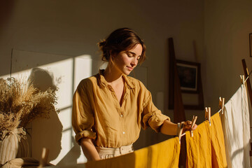 Young woman hanging laundry on wooden drying rack in sunlit room