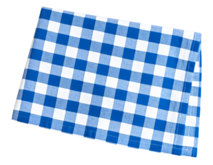 Blue and white checkered picnic tablecloth folded on a black background